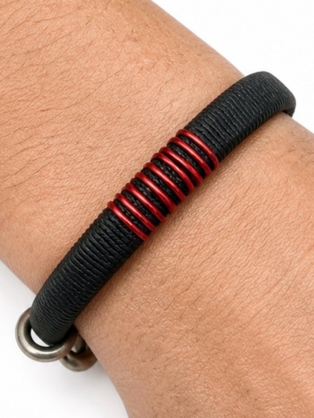 Black Cord Cuff Bracelet Red Accent Adjustable Unisex Punk Streetwear